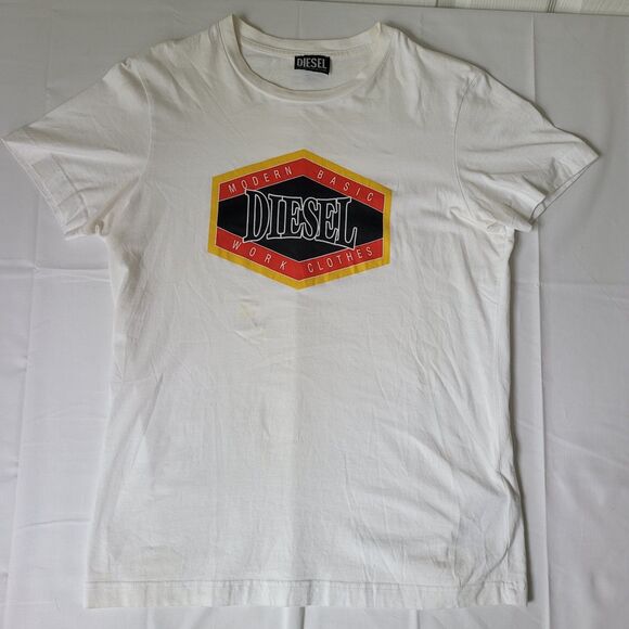Diesel T Shirt Men S White Modern Basic Work Clothes Graphic Logo Distressed - Picture 1 of 9